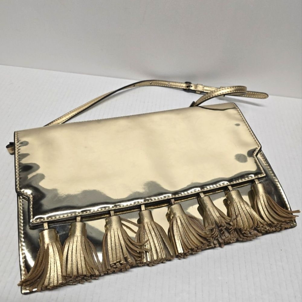 Rebecca Minkoff Sofia Metallic Gold Leather Tassel Clutch Shoulder Strap Bag